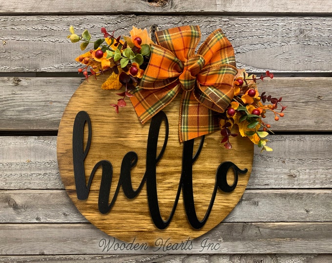 HELLO FALL Door hanger Wreath, Welcome Sign, Wood Round Wall Sign, 12" or 16" 3D Wood Lettering, Bow  Leaves, Distressed Fall Decor, Gift