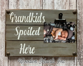 Grandkids Sign for Photos PHOTO 4x6 or 5x7 HOLDER Wall Dogs Spoiled Here Picture Frame with Clip White Gray Wood Gift for Grandma baby dog