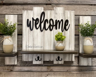 Rustic Farmhouse Wall Shelf with Metal Hangers | Entryway Organizer