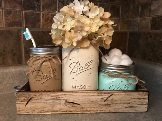Ball Mason Jar BATHROOM SET in Antique WHITE Tray ~Cotton Ball Soap Dispenser Q-Tip Holder ~Canning JARS PAINTED Distressed Pint ~Stainless Steel Silver ~Accessories ~Gray Blue Green Cream Tan Brown