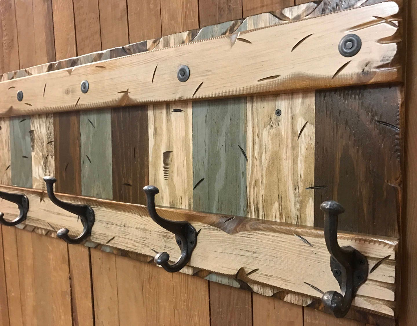 COAT Rack Wall 5 Hook Rustic Reclaimed Distressed BLUE BROWN Sturdy