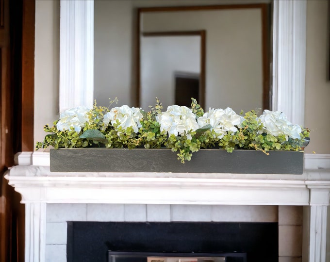 Centerpiece Table Farmhouse  CUSTOM [Kitchen Table Dining room Mantle Coffee Table]Floral Arrangement Hydrangea Boxwood Greenery Planter Box