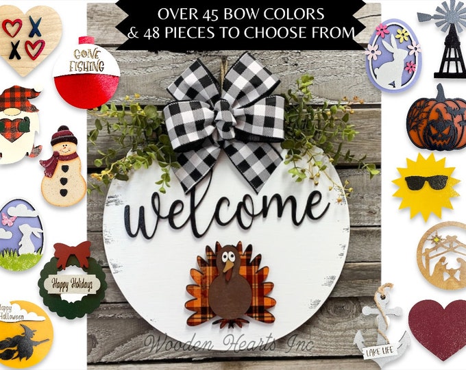 Thanksgiving Door Hanger  Wreath Year Round Welcome Bow Front Door/Porch Decor + Interchangeable  14" Sign, Hello Pumpkin Leaf Fall GIFT