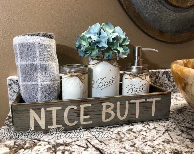 Bathroom NICE BUTT Decor *Tray Wood Box *Wooden Toilet Paper Holder *Hello Sweet Cheeks *Distressed Rustic Brown Gray White