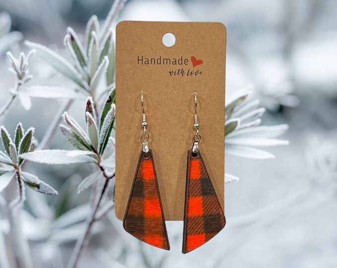 EARRINGS Buffalo Plaid [Red Black] Stainless steel Hypo-Allergenic [ Hanging Teardrop Dangle Boho] Light weight Wood