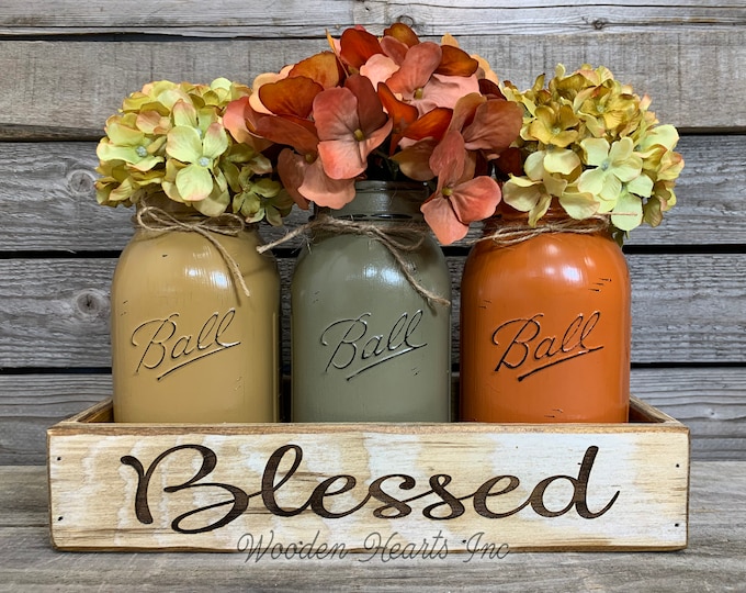 Blessed Tray ENGRAVED, CUSTOM Personalized, Fall Kitchen Table Centerpiece, Painted Pint Mason Jars, wedding gift Name Est Date Give Thanks