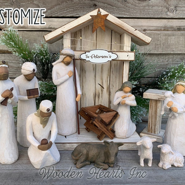 STABLE Nativity CRECHE Fits Willow Tree Fireplace MANTLE Wood *Lighted Christmas Personalized Baby Manger Angel Stand Lights White Brown