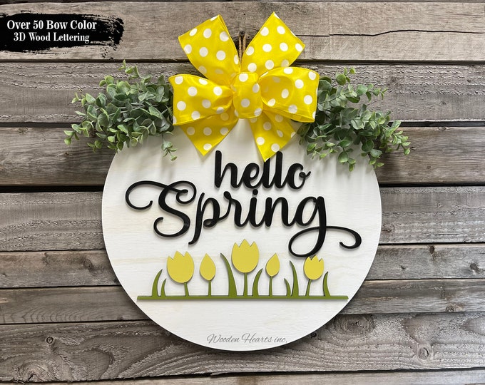 Hello Spring Door Hanger Wreath | Round Tulip Sign |  3D Wood Lettering | Mothers Day | Porch | Gift