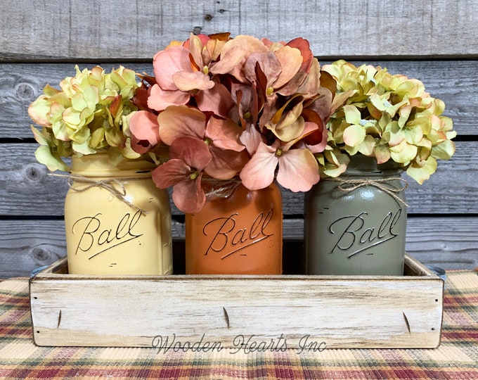 FALL MASON Jars Decor for Thanksgiving Centerpiece, Wood Tray + 3 Ball Jars, Kitchen Table Centerpiece, Table Decor, Gift *Flowers optional