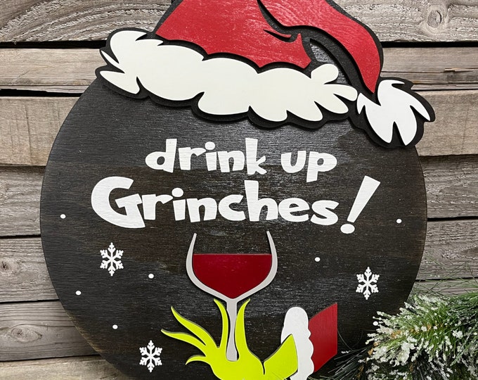 Christmas Door Hanger [ Drink Up Grinches ] Holiday 3D Sign Wreath Decor [Gift Home Bar Wine] FREE Fast Shipping