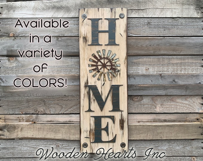 Windmill Wall Decor Sign Home Vertical, Indoor Outdoor Farmhouse Welcome, Rustic Distressed Wood *Antique Red White Brown Blue Tall Xl Large