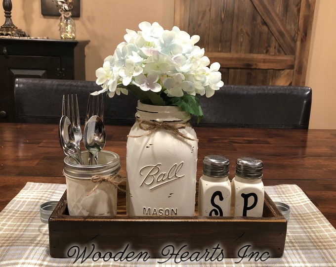 MASON Jar Kitchen 5pc SET in Antique White TRAY, Mini Quilted, Quart Vase + Flower, Salt & Pepper Shakers Ball Jars Distressed Centerpiece