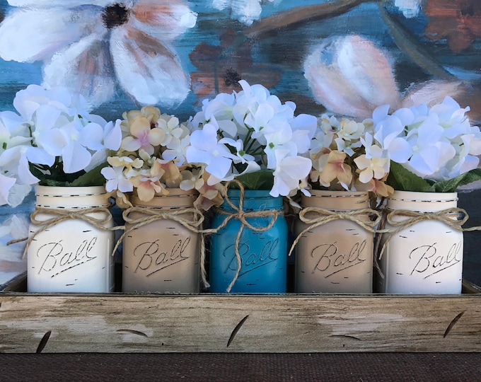 MASON Jar Decor Centerpiece (Flowers optional) -Antique Kitchen TRAY with Reclaimed Handles 5 Ball Canning Painted Pint Jars Distressed Wood