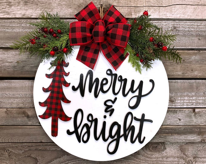 Christmas Door Hanger, Happy Holidays Sign, TREE Plaid, Merry and Bright Wreath, 16" Wood Round Sign, 3D Wood Lettering, Xmas Gift