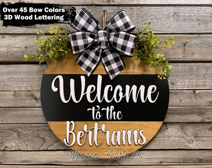 WELCOME to the (Last Name) Sign Front Door Hanger 16" Round STRIPE, 3D Wood Wreath Bow, Porch Everyday Sign, Housewarming Gift, Fall Sign