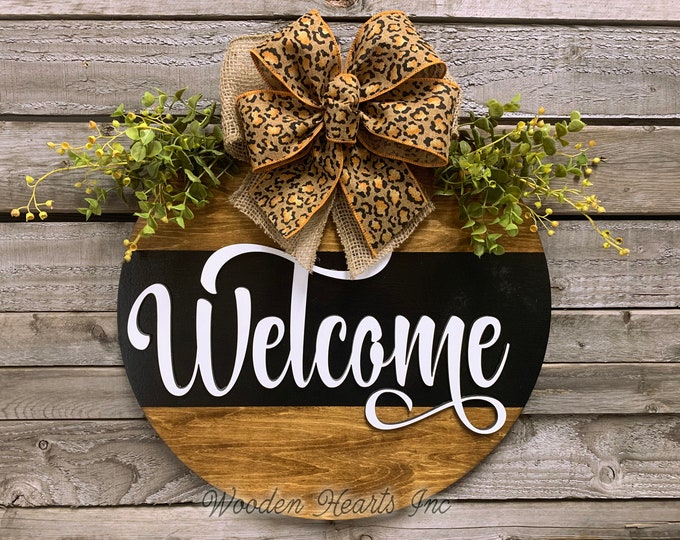 Welcome Leopard Front Door Decor, HELLO Hanger 16" Round with STRIPE, 3D Wood Wreath Bow Ribbon Greenery, Everyday Wall Sign White Black