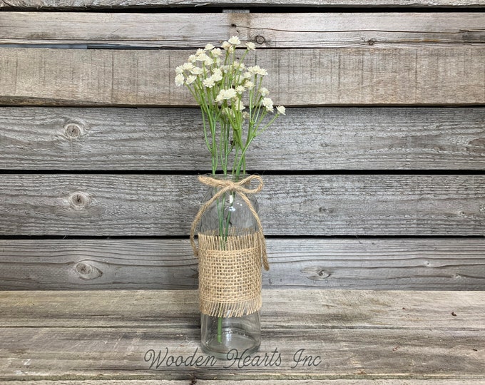 Glass bottle jar with burlap ribbon with greenery *Wedding, bridal / baby shower, kitchen table centerpiece, rustic country flower vase