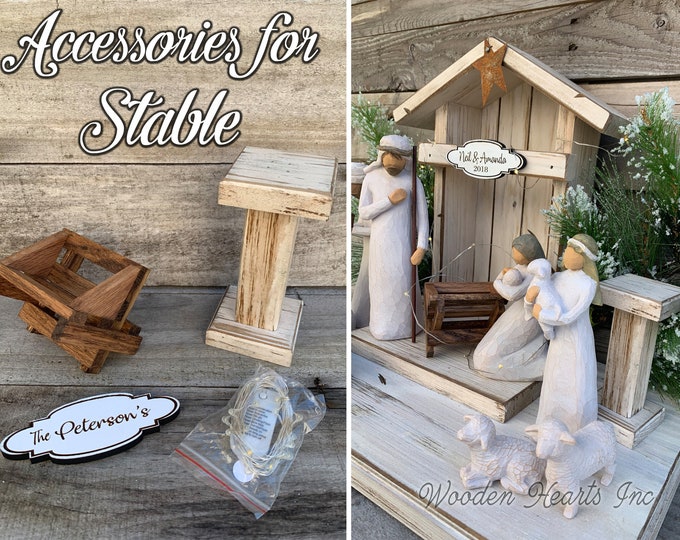 STABLE ACCESSORIES for a Nativity Creche *Wood Baby Manger, Angel Stand, Custom Engraved Personalized Sign, Fairy Lights *Fit Willow Tree