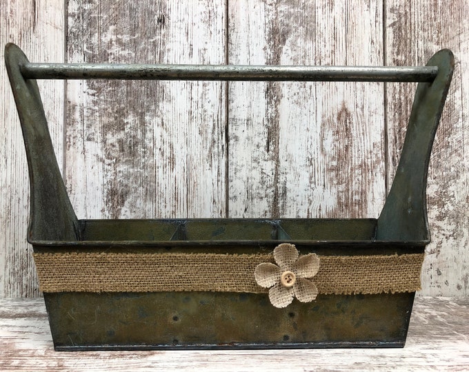 Metal CADDY with Dividers -rustic reclaimed GRUNGE centerpiece (jars & flowers optional) organizer with burlap *Bathroom Kitchen Living Room