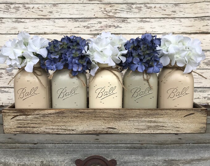 MASON Jar Decor Centerpiece (Flowers optional) -Antique Wood TRAY Rusty Handles 5 Ball Canning Painted QUART Jars Distressed Gray White Blue