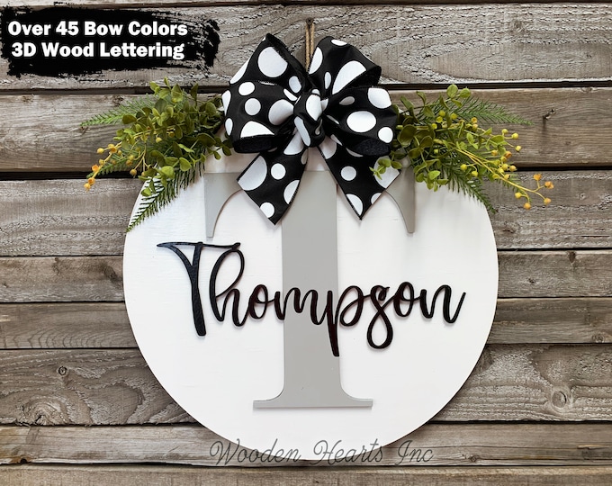 MONOGRAM Custom Door Hanger, 16" Round name 3D Wood Letter, Welcome Wreath + Bow, Housewarming Gift, Personalized Wedding Gift, Fall Sign