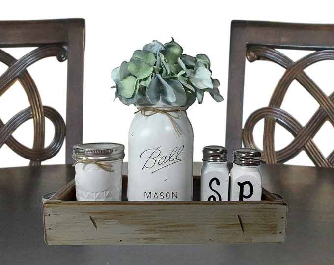 MASON Jar Centerpieces, Kitchen 5pc SET in Antique White TRAY, Mini Quilted, Quart Vase + Flower, Salt & Pepper Shakers Ball Jars Distressed