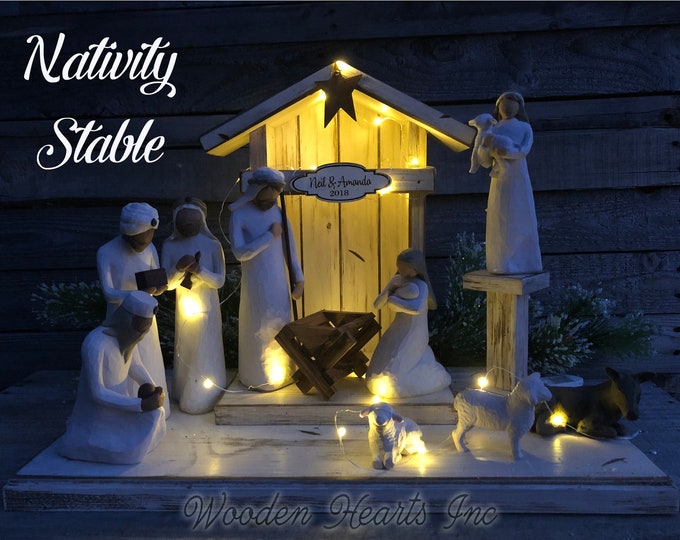 Lighted Wooden Stable Willow Tree Nativity Compatible  Creche *Christmas Decor [Lights Custom Sign Baby Manger Angel Stand are Optional]