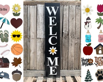 Interchangeable Welcome Sign 45", Large Vertical Porch Sign, Front Door, Seasonal Holiday, Housewarming Gift, Black, heart flower sun owl