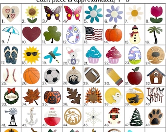 May include: A grid of 56 wooden cutouts, each approximately 4 to 5 inches in size, depicting various seasonal themes. The cutouts include hearts, butterflies, sunflowers, pumpkins, snowmen, Christmas trees, Easter eggs, and more.  The cutouts are painted in various colors, including red, blue, green, yellow, orange, and white.