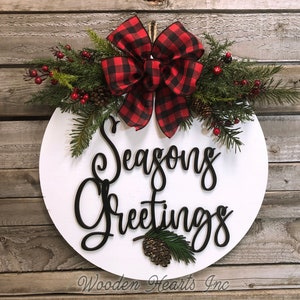 Happy Holidays Door Hanger Wreath, 16 Wood Round Pinecone Sign Greenery, Merry Christmas, Seasons Greetings, 3D Wood Lettering, Xmas Gift image 8