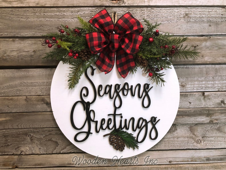 Happy Holidays Door Hanger Wreath, 16 Wood Round Pinecone Sign Greenery, Merry Christmas, Seasons Greetings, 3D Wood Lettering, Xmas Gift image 8