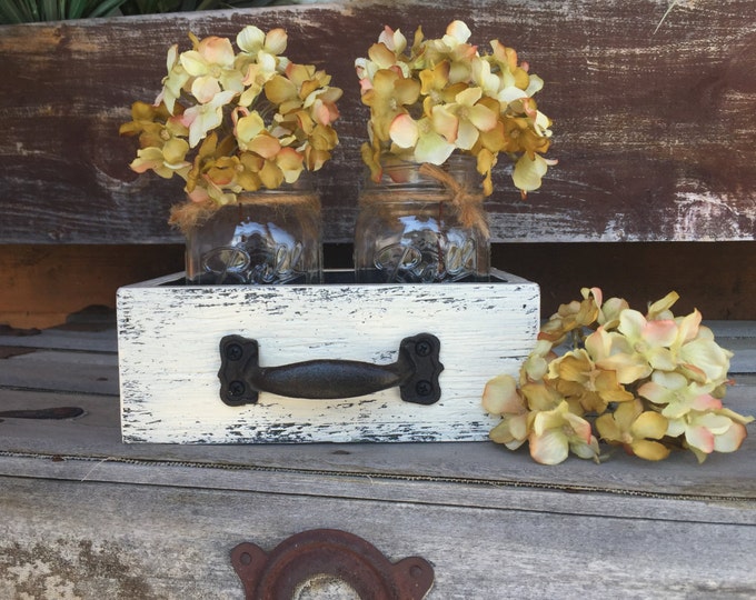 MASON Jar Centerpiece Decor DRAWER with 2 Canning Jars Reclaimed Distressed Wood Mail Organizer Box Ball Crate Storage Blue White Red Aqua