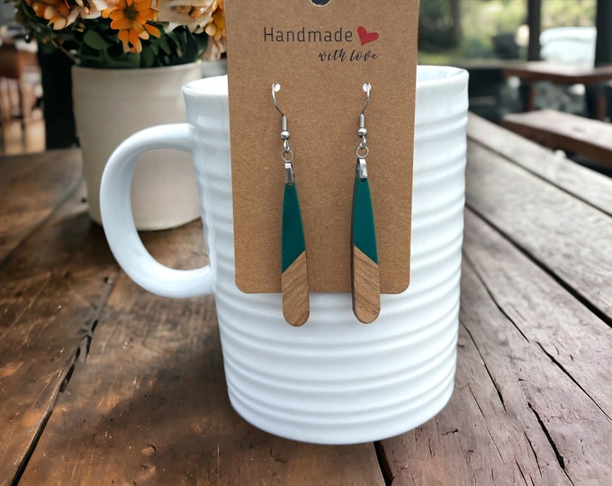 EARRINGS Natural Wood + Teal Green Resin [Long Narrow] Stainless steel Hypo-Allergenic Hooks [ Hanging Dangle Boho] Light weight Wood Gift