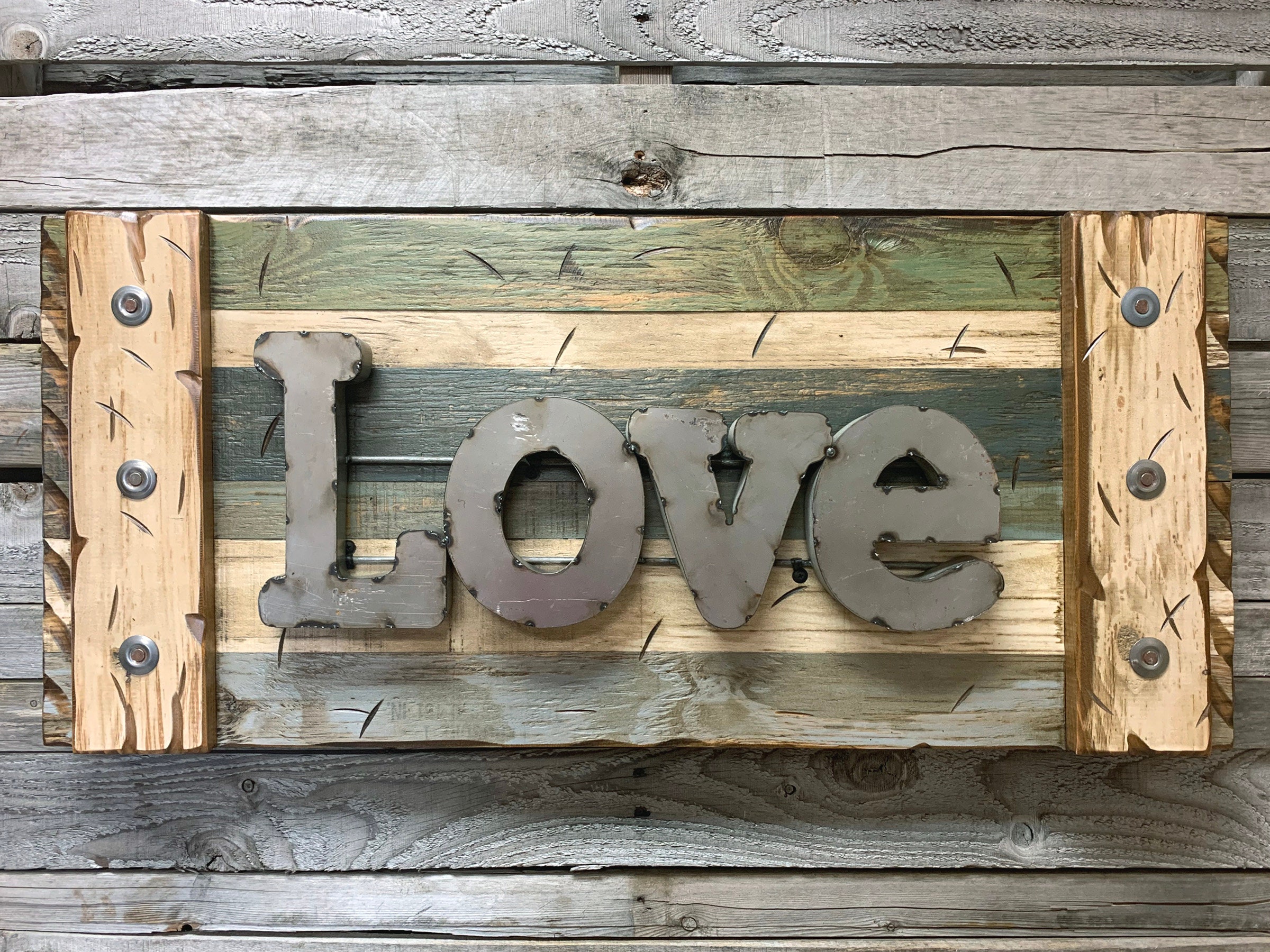 Love Rustic Sign Reclaimed Shutter Distressed Industrial Navy Blue Green Burgundy Metal Large Pallet Wall Home Decor Log Cabin Gift 32x14