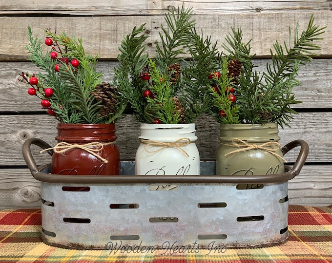 Christmas Decor on the Table, Galvanized Tray, Optional pint or quart jars and flowers, Farmhouse Centerpiece Oval Olive Tray, Holiday Metal