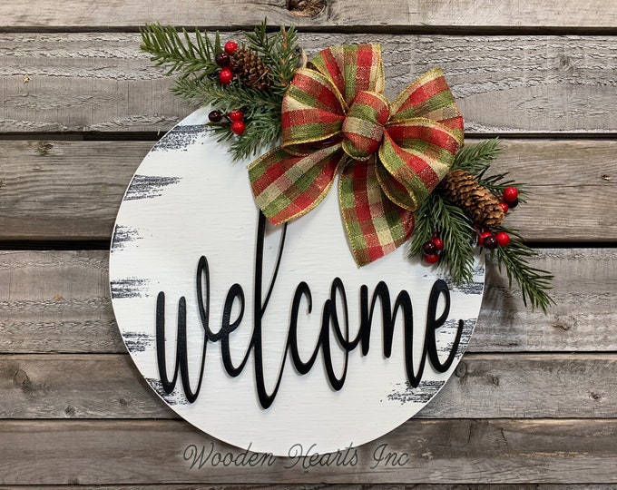 Christmas Holiday Door Hanger Welcome Wreath, Wood Round Sign Greenery, Hello Sign, Merry Christmas, 12" or 16" 3D Wood Lettering Bow, Xmas