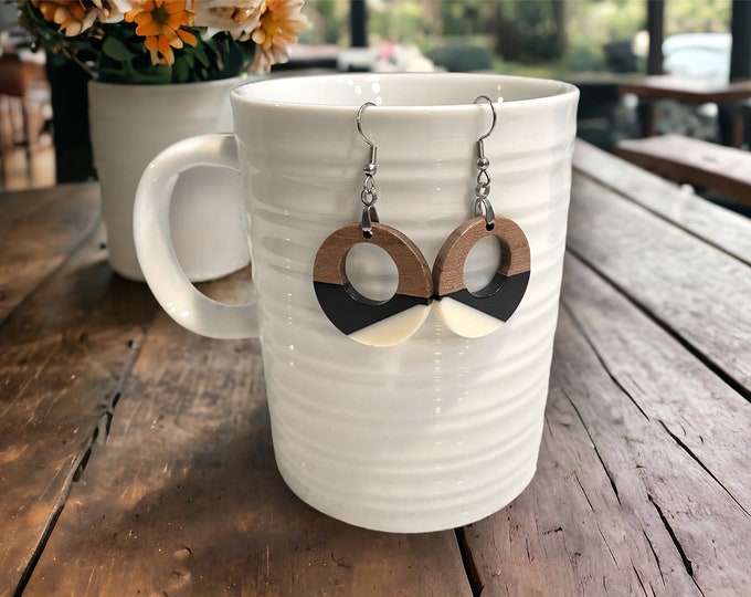 EARRINGS Natural Wood  [White & Black Resin or Coral or Grey] Stainless steel Hypo-Allergenic Hooks [ Hanging Dangle Boho] Light weight Wood