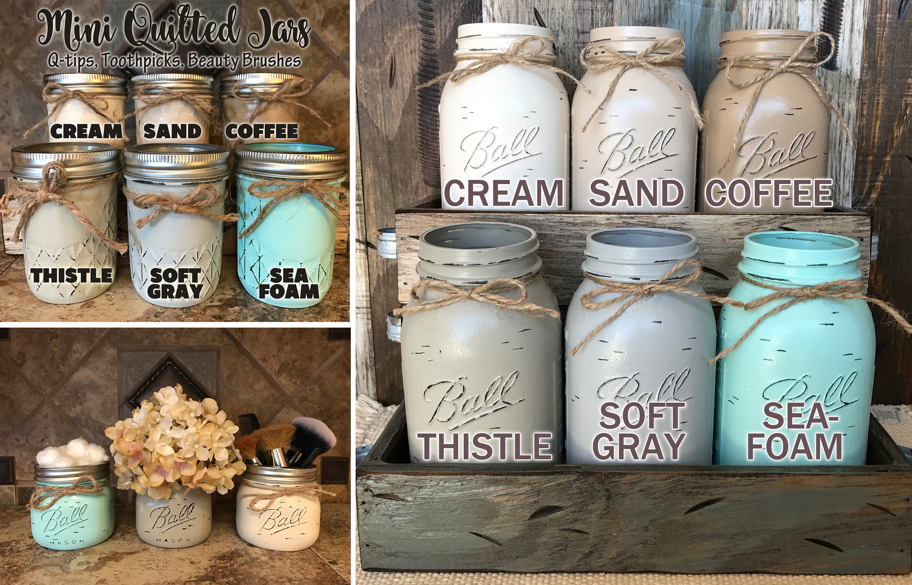 Mason Jar Bathroom Decor Set in White Wooden Tray Choose Your Jar and Flower Colors to Match Your Decor. Set of 5 Mason Jars With Soap Pump in Rustic Tray For Vanity Organization 