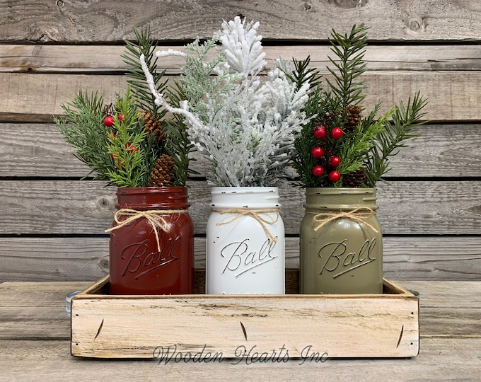 Mason Jar Centerpieces CHRISTMAS HOLIDAY Tray with 3 Jars, Wood Tray Kitchen Centerpiece, Holiday Decor, Xmas Gift, Holiday Centerpiece