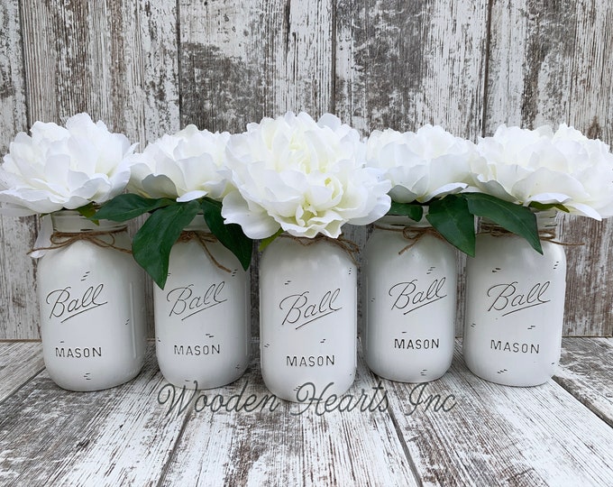 Mason Jar WEDDING DECOR Head Table Distressed Ball QUART Centerpiece Bridal Baby Shower White Gray Pink *Peony / Hydrangea Flower Optional