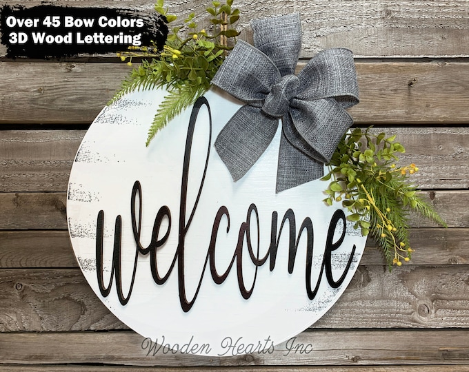 WELCOME Sign Front Door Hanger, 16" Round 3D Wood Lettering, Wreath Bow Ribbon Greenery Everyday Wall Sign, Fall Door Sign, Fall Decor, Gift