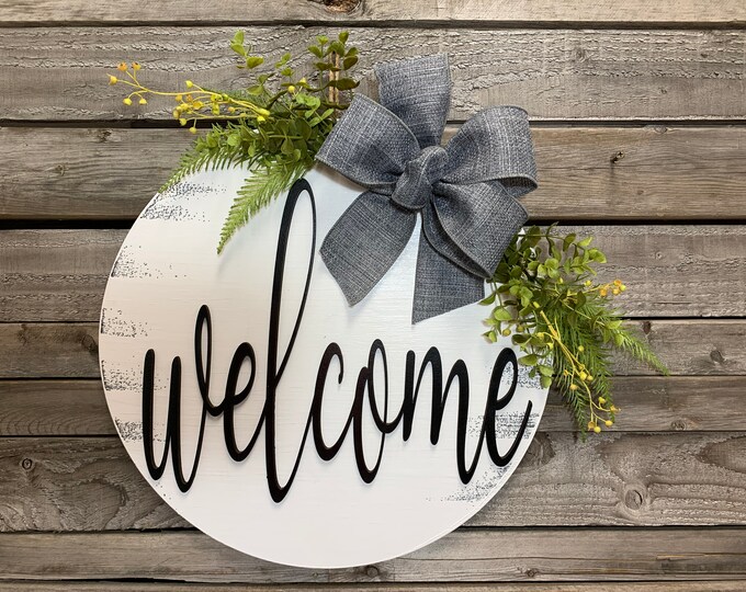 Welcome Front Door Hanger 16" Round, 3D Wood Letters, Sign Wreath + Bow Ribbon Greenery, Everyday Sign, Fall Door Sign, Housewarming Gift