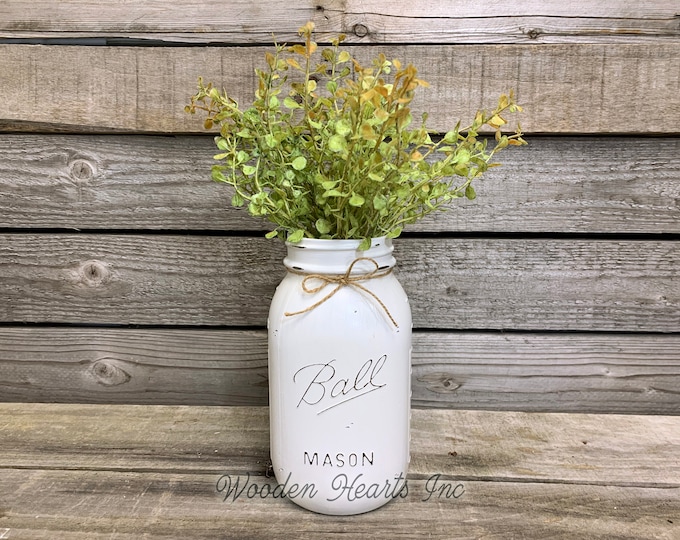 MASON Jar WEDDING Table Decor Distressed Ball QUART Painted White Tan Brown Gray Teal Blue *Great for Centerpiece (Flower Optional)