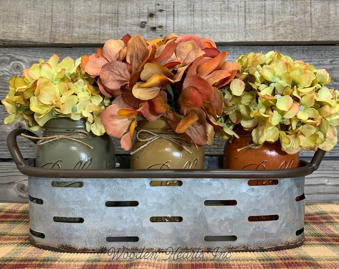 Fall Decor farmhouse, Galvanized Tray, Optional pint or quart jars and flowers, Thanksgiving Table Centerpiece Oval Olive Tray Holiday Metal