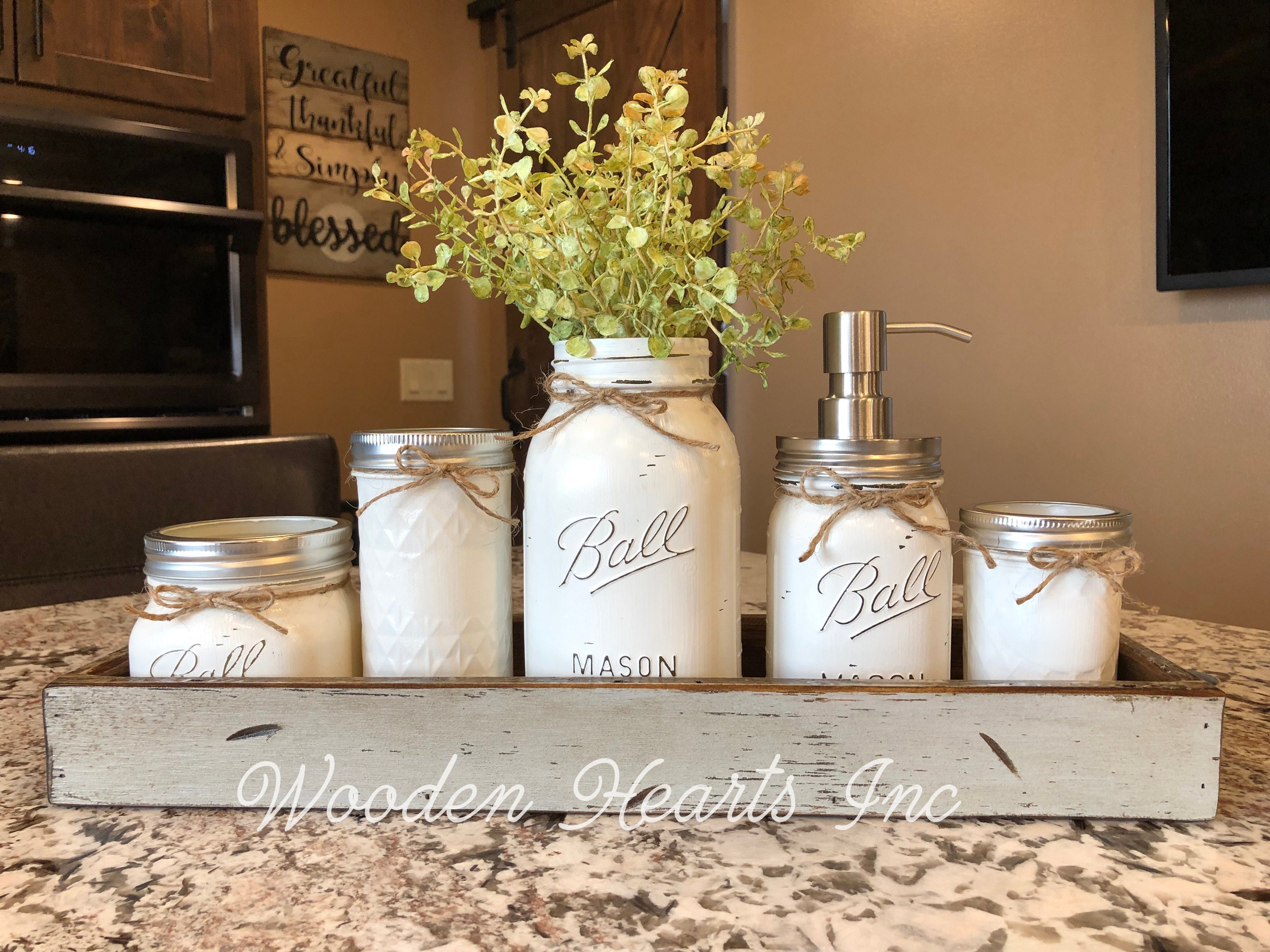 MASON Jar Kitchen Decor DOVE GRAY Tray Set, Cotton Ball, Tall Quilted,  Quart Vase With Flower, Soap Dispenser, Mini Q-tip Jars 