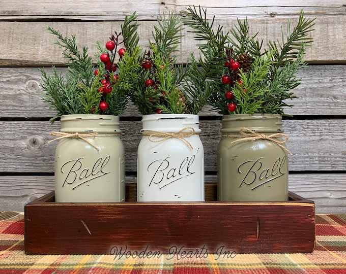 Mason Jar Centerpieces CHRISTMAS HOLIDAY Tray with Jars, Christmas Gift, Kitchen Table Centerpiece, Holiday Table Decor, Holiday Tray + Jars