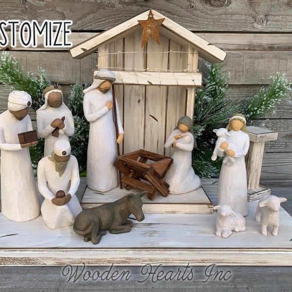 Nativity STABLE WOOD CRECHE fits Willow Tree Angels *Lighted Christmas Decor [Custom Sign Baby Manger Angel Stand Lights are Optional]