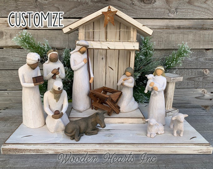 Nativity STABLE WOOD CRECHE fits Willow Tree Angels *Lighted Christmas Decor *Personalized Baby Manger Angel Stand Lights Green White Brown