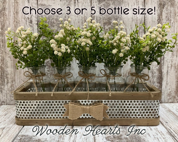 Centerpiece for Table *Farmhouse Tray with BURLAP BOW 3 or 5 glass bottle jars (greenery is optional) *Rustic Wedding Decor *Flowers *Gift