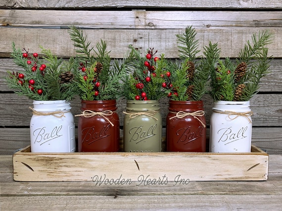 Mason Jar Centerpieces CHRISTMAS HOLIDAY Large Tray with 5 Jars (Florals  optional) Distressed Wood Antique WHITE pine flowers Ball Pint